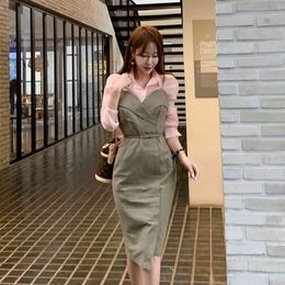 Autmun Korean Office 2pcs Set Sheath Casual Pencil Skirt Sets Women Sexy Pink Shirt Blouse + Army green Spaghetti straps Dr 210514