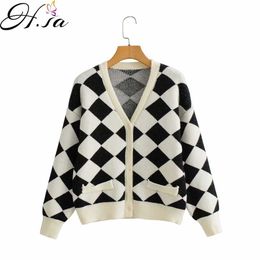 Hsa Winter Fall European and American Summer Wind Women's Black and White Diamond Plaid Cardigan Knitted Sweater 9737 210716