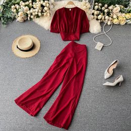 Elegant Retro outfits for women autumn winter V-neck waist slim top lady high casual wide leg pants trend two-piece suit 210420