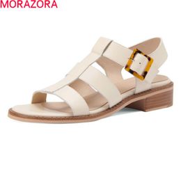 MORAZORA Genuine Leather Shoes Low Heel Round Toe Casual Shoes Summer 3 Colors Ladies Sandals Rice White Brown 210506