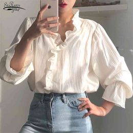 Gentle High Quality Women Chic All Match Blouses White Ruffles Sweet Large Size Solid Shirts Streetwear 13467 210521