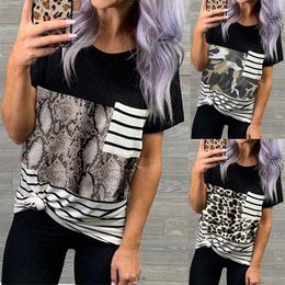 S-2XL ZPZZ Womens O-Neck Leopard Print Short Sleeve Color Block Casual Loose Tops Knotted Tee-Shirts 