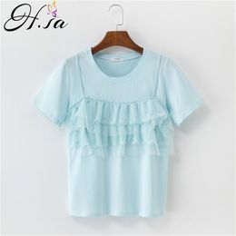 Summer Short Sleeve Tee Shirt for Women Lace Stitching Fake Two Piece T-Shirts Blue White Cotton Tops Femme 210430