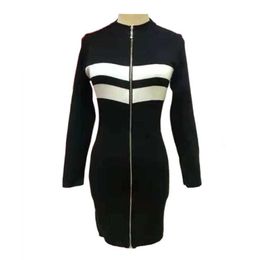 PERHAPS U Black White Zippers Stand Neck Long Sleeve Pencil Knitted Mini Short Dress Autumn Spring Sexy D0888 210529