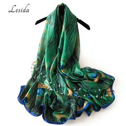 LESIDA Luxury Brand Women Green Silk Shawl Peacock Feather Print Scarves Big Size Echarpes Femme Cachecol Foulards 180*90CM 3004 Q0828