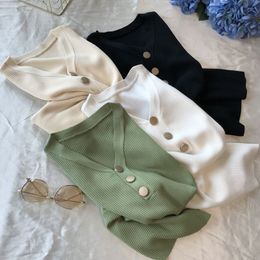 Xia Bingsi Green V-neck Short-sleeved Knitted T-shirt Female Button Slim Stretch Short Bottoming Shirt 210507