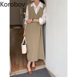 Korobov Robe Korean Style V Neck Sleeveless Dress Women Solid Colour Slim Waist Lace Up Elegant Dresses Office Ladies Vestidos 210430