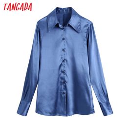 Women Fashion Blue Satin Shirt Vintage Long Sleeve Button-up Female Blusas Chic Tops BE619 210416
