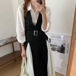 Spring Loose Long Sleeve Lapel Fake Two Piece Pleated Dress Women with Belt Patchwork Casual Vintage Fashion OL Elegant Vestido 210610