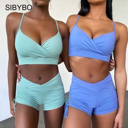 Sibybo 2 Piece Set Seamless Bra Shorts And Top Sets Women High Waist Gym Leggings Femme Summer Workout Fitness Set Outfits 2021 Y0719