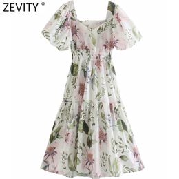 Women Vintage V Neck Puff Sleeve Floral Print Midi Dress femme Pleat Ruffle Elastic Waist Vestido Chic Dresses DS8300 210416