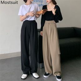 Autumn Korean Wide-legged Full-length Suit Pants Trousers Women High Waist Belted Straight Casual Fashion Solid 210513