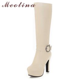 Meotina Winter Knee High Boots Women Zipper Platform Chunky Heel Long Boots Buckle Super High Heel Shoes Lady Autumn Size 33-45 210608