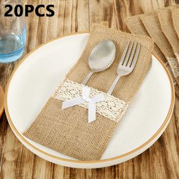 10/20/50Pc Burlap Lace Cutlery Pouch Vintage Jute Hessian Rustic Wedding Decoration Party Birthday Tableware Supplies Holder Bag 210610