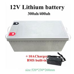 Rechargeable anti-water 12V 300Ah 400Ah lithium ion battery 12v BMS with bluetooth for electric boat RV solar system+20A Charger