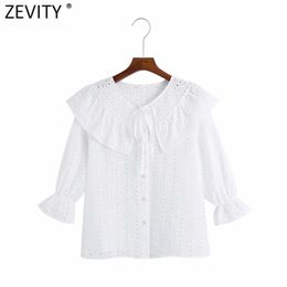 Women Sweet Hollow Out Embroidery White Ruffles Smock Blouse Female Peter Pan Collar Lace Shirts Chic Blusas Tops LS9266 210420