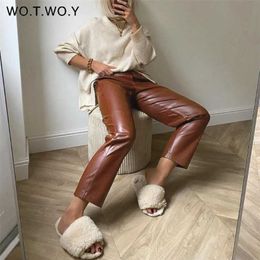 WOTWOY Drawstring Flocking Spliced Loose Leather Pants Women Autumn Winter High Waist Solid Casual Straight Trousers Female 211115
