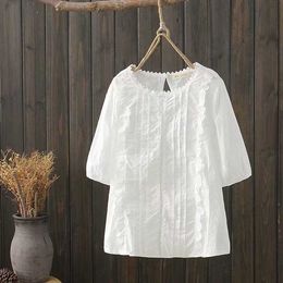 Hollow Out Embroidered Cotton Shirts Loose Casual Summer Patchwork Lace Slim Womens Tops 210615