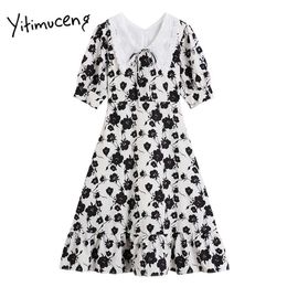 Yitimuceng Vintage Dresses Women Summer Floral Pint Mini Puff Sleeve High Waist A-Line Black Korean Fashion Dress 210601