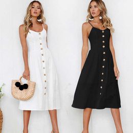 Sleeveless Backelss Sexy Summer Dress Women Black White Casual Spaghetti Strap es Button midi Sundress Female 210526