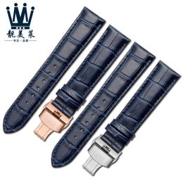 for Brand Wristband Genuine Leather Dark Blue Watch Strap with Butterfly Buckle Watchband 14 16 18 20 21 22mm Watch Bracelet H0915