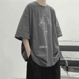 Summer Oversized T-shirt Men Tshirt Women Lightning Print Short-sleeved T Shirt Retro Dark Jacket Korean Loose Trend Harajuku G1222