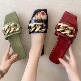 Slippers Fashion Female Flat Heel Women Summer Slides Chain Decoration Square Head Bare-toe Leather Ladies Sandals
