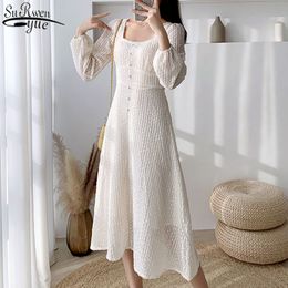 French Style Retro Square Collar Puff Sleeve Women Dress High Waist Type A Apricot Long with Zipper Sweet Vestidos 12917 210427