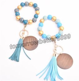 Bracelet keychain wood beaded tassels keychains party favor personalized disc oranament souvenir wristlet key ring women wrist strap fashion accessories