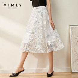 Vimly 2021 Summer Women Minimalist Dot Skirt Elegant Office Lady High Waist Lace Mid Calf Female A-line Skirts F1168