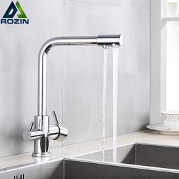 Rozin Chrome Brass Purified Water Kitchen Faucet Mixer Tap and Pure Water Filter Faucet Deck Mounted Dual Handles Cold Taps 210724