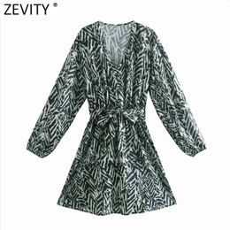 Women Vintage V Neck Printing Bow Tied Sashes Mini Dress Female Pleats Puff Sleeve Casual Slim Vestido DS5018 210420