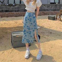 Vintage Blue Flower Print Long Skirt Women Side Slit Button Pockets Elastic High Waist Midi Skirt Korean Fashion Streetwear 210619