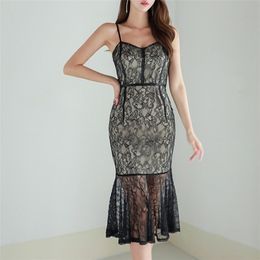 Dress female summer ladies temperament see-through lace waist slimming ruffle Office Lady Polyester 210416