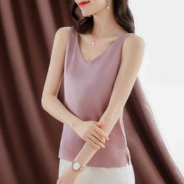 Korean Women Tops Silk Woman Satin Blouse Sleeveless White V Neck s Plus Size Ladies Pink Shirt 210427