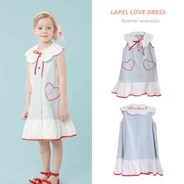 Girls' Dress Korean Petal Collar Light Blue Sleeveless Heart Lotus Leaf Children's Open Button Foreign Style Dress 2021 Summer Q0716