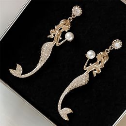 Cute Cartoon Mermaid Crystal Fishtail Pearl Eardrop Earrings For Women Ear Studs With Long Pendant 211231
