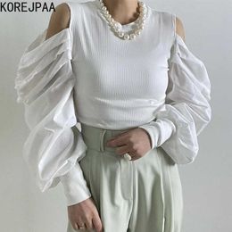 Korejpaa Women Sweater Summer Korean Style Round Neck Leaking Shoulders Ruffled Puff Sleeves Stitching Knit Pullover 210526