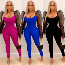 Y2K Fashion Women Solid Jumpsuits O Neck Sexy Mesh Puff Sleeve Bodycon Pencil Pants Rompers For Nightclub Young Outfits 210517