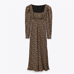 Summer Woman Dress Women Sexy es Floal Print Round neck Long sleeves Zip-up Flared hem Elegant Midi 210519