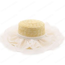 Women Natural Wheat Straw Hat Lace Pearl Ribbon Tie 9cm Brim Beach Sun Cap Lady Summer Wide Brim Hats