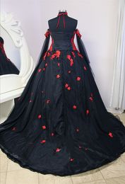 Gothic Black And Red Floral Wedding Dress Off Shoulder Long Sleeve Lace Appliques Ball Gowns Vintage Victorian Bride Wedding Dress170q