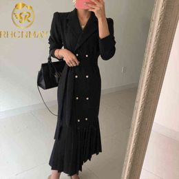 Spring Autumn Fashion Chic Korean Office Lady Brief Bandage Long Dress Women Elegant sheath trumpet Vintage Blazer Dresses Robe Y1204