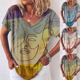 Summer Women's Gradient T-shirt Tops Tie-dye Printing V-neck Casual and Comfortable 210623