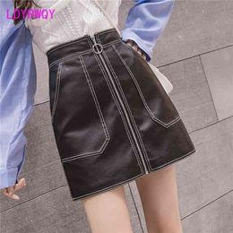 autumn and winter Korean fashion sexy zipper wash water pu anti-light leather skirt Knee-Length Office Lady 210416