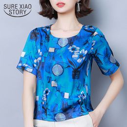 Summer Blouses Flower Color Short Sleeve O-neck Clothing Casual Printed Red Blue Women Tops Office Lady 5656 50 210417