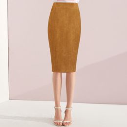 Women's High Waist Suede Skirt Pencil Knee Length Leather Suede Skirts Women Vintage Midi Brown Skirt Khaki Winter Office Wear 210421