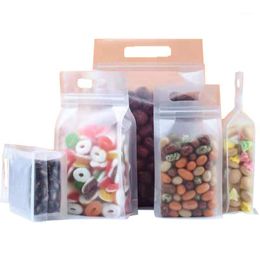 50Pcs/Lot Matte Clear Plastic Stand Up Bag With Handle Tear Notch Reclosable Doypack For Snack Packaging Pouches Storage Bags