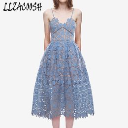 Summer Beach Wear Women's Sexy Spaghetti Strap Mid-calf Crochet Lace Dress V Neck Backless Open Back Self Portrait Dress 210514