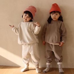 Autumn New Baby Boys Girls Clothes Set Solid Colour Kids Sweatshirt And Harem Pants Two Piece Suit Unisex Children Outfits 210413